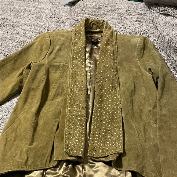 IMAN Olive Green Suede Open-Front Blazer with Embellished Collar 💯 leather - Picture 6 of 8